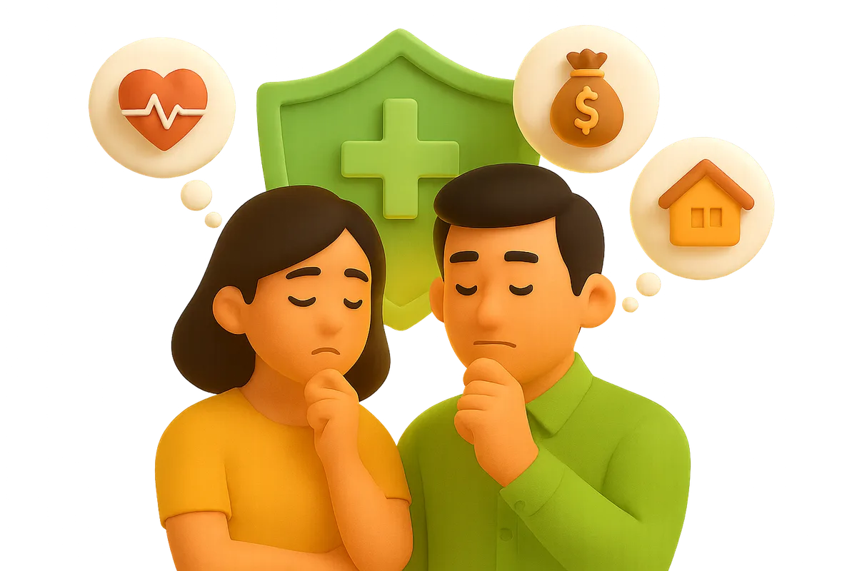 Minh hoạ một cặp vợ chồng lo lắng về sức khỏe, tài chính và nhà cửa, phía sau là chiếc khiên bảo hiểm