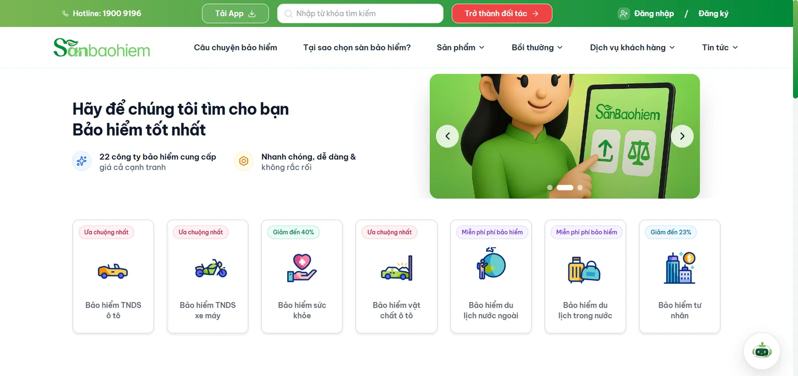 Ảnh chụp trang chủ Sàn Bảo Hiểm Online (bản Beta)