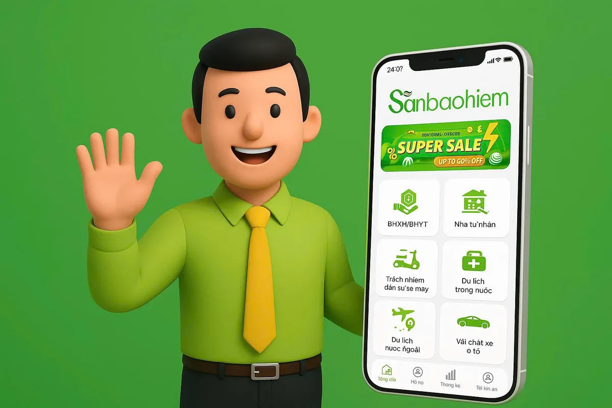 Linh vật SanBaoHiem vẫy chào bên cạnh ứng dụng Sàn Bảo Hiểm trên điện thoại